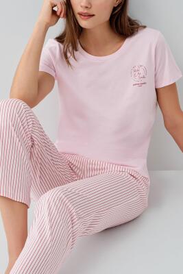 Pierre Cardin Kadın Pijama Takımı %50 Pamuk %50 Modal – Kısa Kollu Tişört & Çizgili Uzun Alt – Yumuşak ve Nefes Alabilen - 3