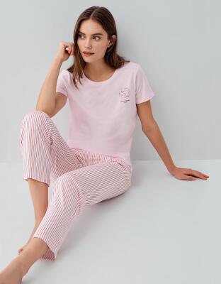 Pierre Cardin Kadın Pijama Takımı %50 Pamuk %50 Modal – Kısa Kollu Tişört & Çizgili Uzun Alt – Yumuşak ve Nefes Alabilen - 1