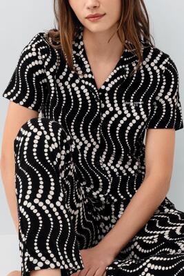Pierre Cardin Kadın Siyah Desenli Pijama Takımı – %50 Pamuk %50 Modal, Kısa Kollu Gömlek Yaka Üst & Cepli Uzun Alt - 2