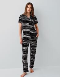 Pierre Cardin Kadın Siyah Desenli Pijama Takımı – %50 Pamuk %50 Modal, Kısa Kollu Gömlek Yaka Üst & Cepli Uzun Alt - 4
