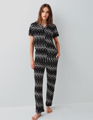 Pierre Cardin Kadın Siyah Desenli Pijama Takımı – %50 Pamuk %50 Modal, Kısa Kollu Gömlek Yaka Üst & Cepli Uzun Alt - 4