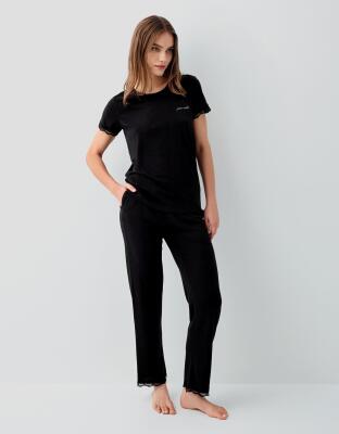 Pierre Cardin Kadın Siyah Dantel Detaylı Pijama Takımı – %50 Pamuk %50 Modal, Kısa Kollu Üst & Cepli Uzun Alt - 2