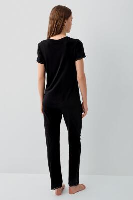 Pierre Cardin Kadın Siyah Dantel Detaylı Pijama Takımı – %50 Pamuk %50 Modal, Kısa Kollu Üst & Cepli Uzun Alt - 3