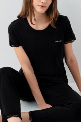 Pierre Cardin Kadın Siyah Dantel Detaylı Pijama Takımı – %50 Pamuk %50 Modal, Kısa Kollu Üst & Cepli Uzun Alt - 4