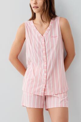 Pierre Cardin Kadın Şortlu Pijama Takımı – %50 Modal %50 Pamuk, Çizgili, Düğmeli Atlet Üst - 6