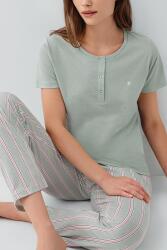 Pierre Cardin Kadın Su Yeşili Kısa Kollu Düğmeli Yaka Pijama Takımı – %50 Pamuk %50 Modal, Cepli Çizgili Alt - 3