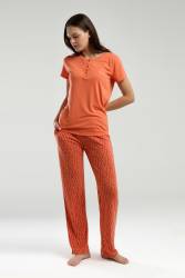 Pierre Cardin - Pierre Cardin Kadın Turuncu Pijama Takım, Viskon Kumaş, Kısakol, Düğmeli Yaka, Cepli