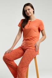 Pierre Cardin - Pierre Cardin Kadın Turuncu Pijama Takım, Viskon Kumaş, Kısakol, Düğmeli Yaka, Cepli (1)