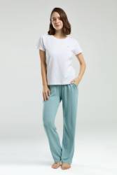 Pierre Cardin Kadın Üst Beyaz Alt Yeşil Pijama Takım, Büyük Beden - Thumbnail