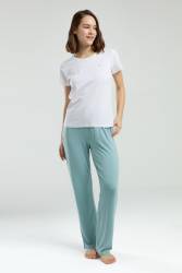 Pierre Cardin Kadın Üst Beyaz Alt Yeşil Pijama Takım, Büyük Beden - Thumbnail