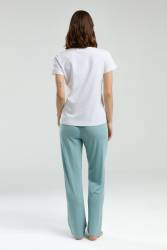 Pierre Cardin Kadın Üst Beyaz Alt Yeşil Pijama Takım, Büyük Beden - Thumbnail