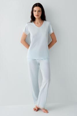 Pierre Cardin Kadın V Yaka Dantelli Pijama Takımı %50 Pamuk %50 Modal – Kısa Kollu, Tam Kalıp, Yumuşak Kumaş - 4