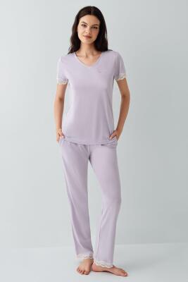Pierre Cardin Kadın V Yaka Dantelli Pijama Takımı %50 Pamuk %50 Modal – Kısa Kollu, Tam Kalıp, Yumuşak Kumaş - 7