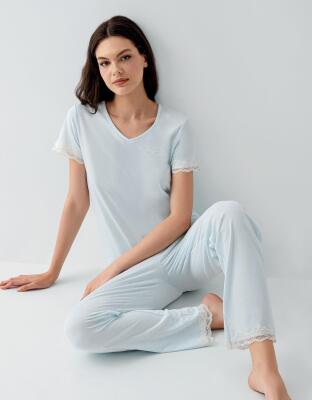 Pierre Cardin Kadın V Yaka Dantelli Pijama Takımı %50 Pamuk %50 Modal – Kısa Kollu, Tam Kalıp, Yumuşak Kumaş - 3