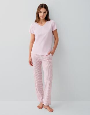 Pierre Cardin Kadın V Yaka Kısa Kollu Pijama Takımı %50 Pamuk %50 Modal – Cepli ve Çizgili Alt, Yumuşak Dokulu - 2