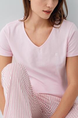 Pierre Cardin Kadın V Yaka Kısa Kollu Pijama Takımı %50 Pamuk %50 Modal – Cepli ve Çizgili Alt, Yumuşak Dokulu - 3