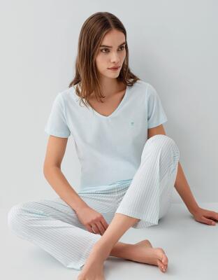 Pierre Cardin Kadın V Yaka Kısa Kollu Pijama Takımı %50 Pamuk %50 Modal – Cepli ve Çizgili Alt, Yumuşak Dokulu - 5