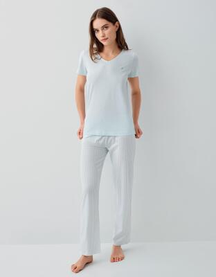 Pierre Cardin Kadın V Yaka Kısa Kollu Pijama Takımı %50 Pamuk %50 Modal – Cepli ve Çizgili Alt, Yumuşak Dokulu - 6