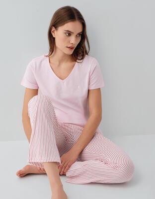 Pierre Cardin Kadın V Yaka Kısa Kollu Pijama Takımı %50 Pamuk %50 Modal – Cepli ve Çizgili Alt, Yumuşak Dokulu - 1