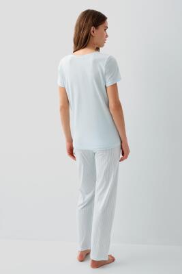 Pierre Cardin Kadın V Yaka Kısa Kollu Pijama Takımı %50 Pamuk %50 Modal – Cepli ve Çizgili Alt, Yumuşak Dokulu - 8