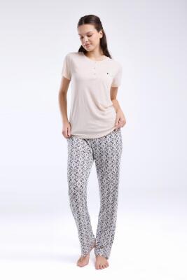 Pierre Cardin Kadın Viskon Kumaş Pijama Takım, Düğmeli, Yuvarlak Yakalı, Cep Detaylı - 1