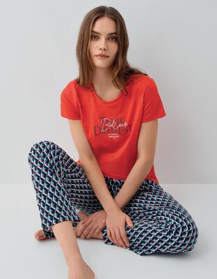 Pierre Cardin Kadın Yazlık Kısa Kollu Pijama Takımı – %50 Modal %50 Pamuk, Desenli Uzun Alt, Baskılı Üst - 1