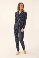Pierre Cardin Kutulu Kadın Çizgili Lacivert Pijama Takım, %50 pamuk %50 modal, Düğmeli Pijama Takım - Thumbnail