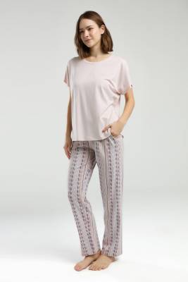 Pierre Cardin - Pierre Cardin Modal Pamuk Pijama Takım, Üst Düz, Alt Desenli Cepli Yazlık Pijama Takım