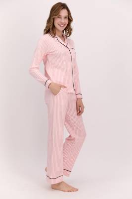 Pierre Cardin - Pierre Cardin Pembe Kadın Pijama Takım, Beyaz Çizgili Pijama Takım, Mevsimlik Uzunkol Gömlek Pijama Takım (1)