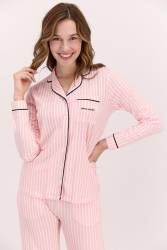 Pierre Cardin Pembe Kadın Pijama Takım, Beyaz Çizgili Pijama Takım, Mevsimlik Uzunkol Gömlek Pijama Takım - Thumbnail