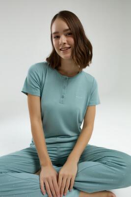 Pierre Cardin Su Yeşili Düğmeli Yaka Kısakol Pijama Takım, Cep Detaylı, Viskon Kumaş - 1