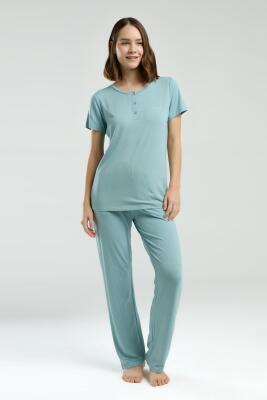 Pierre Cardin Su Yeşili Düğmeli Yaka Kısakol Pijama Takım, Cep Detaylı, Viskon Kumaş - 2