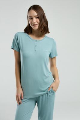 Pierre Cardin Su Yeşili Düğmeli Yaka Kısakol Pijama Takım, Cep Detaylı, Viskon Kumaş - 3
