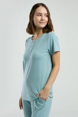 Pierre Cardin Su Yeşili Düğmeli Yaka Kısakol Pijama Takım, Cep Detaylı, Viskon Kumaş - 4