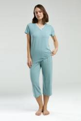 Pierre Cardin Su Yeşili V Yaka Kısakol Kapri Takım, Viskon Kumaş - Thumbnail