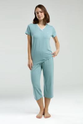 Pierre Cardin - Pierre Cardin Su Yeşili V Yaka Kısakol Kapri Takım, Viskon Kumaş