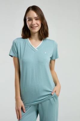 Pierre Cardin - Pierre Cardin Su Yeşili V Yaka Kısakol Kapri Takım, Viskon Kumaş (1)