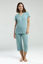 Pierre Cardin Su Yeşili V Yaka Kısakol Kapri Takım, Viskon Kumaş - Thumbnail