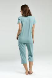 Pierre Cardin Su Yeşili V Yaka Kısakol Kapri Takım, Viskon Kumaş - Thumbnail