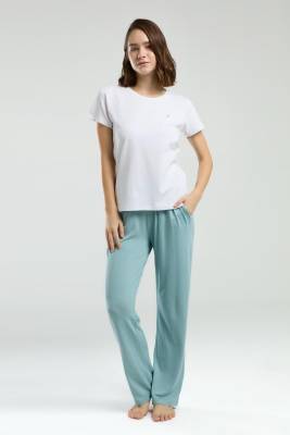 Pierre Cardin - Pierre Cardin Üst Beyaz Kısakol Bisiklet Yaka, Alt Yeşil Cepli Pijama Takım, Viskon Kumaş