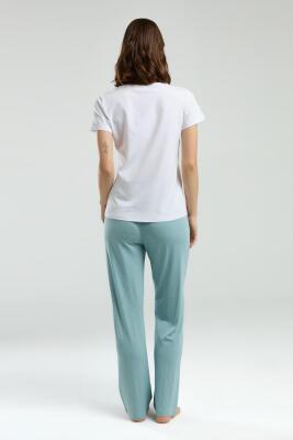 Pierre Cardin Üst Beyaz Kısakol Bisiklet Yaka, Alt Yeşil Cepli Pijama Takım, Viskon Kumaş - 4