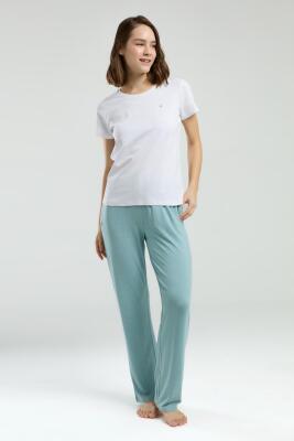 Pierre Cardin Üst Beyaz Kısakol Bisiklet Yaka, Alt Yeşil Cepli Pijama Takım, Viskon Kumaş - 2