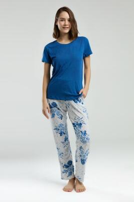 Pierre Cardin Üst Saks Kısakol Bisiklet Yaka Alt Çiçek Baskılı Cepli Pijama Takım - 3