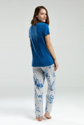 Pierre Cardin Üst Saks Kısakol Bisiklet Yaka Alt Çiçek Baskılı Cepli Pijama Takım - 5