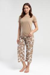 Pierre Cardin Vizon Renk Kapri Takım, Üst Kısakol T-shirt, Alt Desenli Kapri - Thumbnail