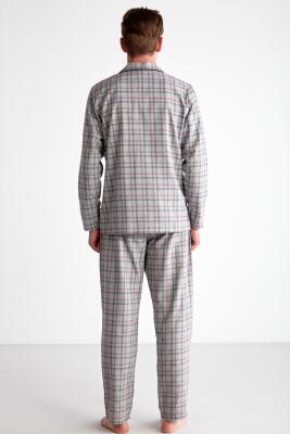 Rahat Kalıp Boydan Düğmeli Ekoseli Erkek Pijama Takım, Uzunkol Kareli Mevsimlik Pijama Takım - 3