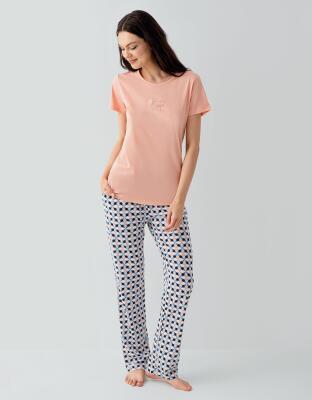 Kadın Cepli Desenli Pijama Takımı %50 Pamuk %50 Modal – Kısa Kollu, Rahat Kalıp - 2