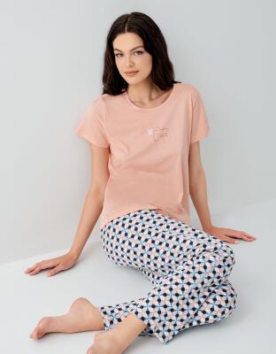 Kadın Cepli Desenli Pijama Takımı %50 Pamuk %50 Modal – Kısa Kollu, Rahat Kalıp - 1