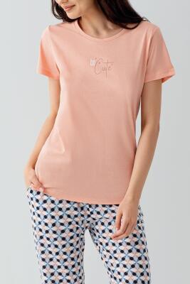 Kadın Cepli Desenli Pijama Takımı %50 Pamuk %50 Modal – Kısa Kollu, Rahat Kalıp - 3