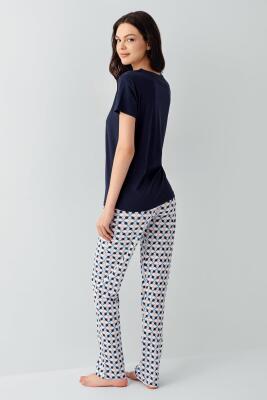 Kadın Cepli Desenli Pijama Takımı %50 Pamuk %50 Modal – Kısa Kollu, Rahat Kalıp - 8